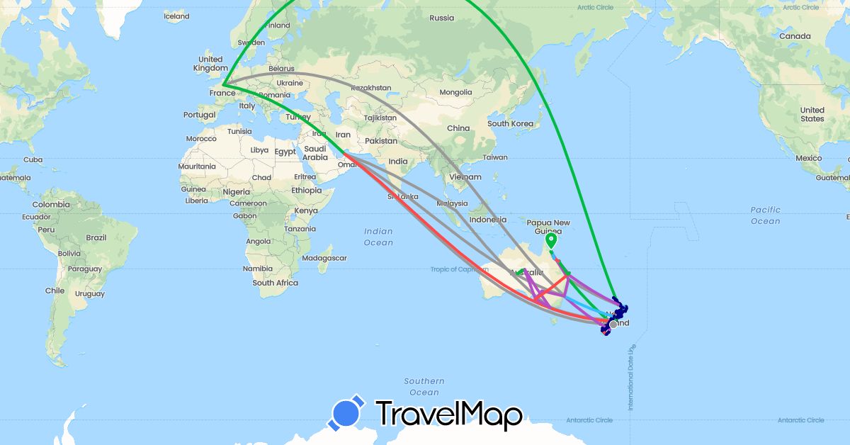 TravelMap itinerary: driving, bus, plane, cycling, train, hiking, boat in United Arab Emirates, Australia, France, New Zealand, Singapore (Asia, Europe, Oceania)