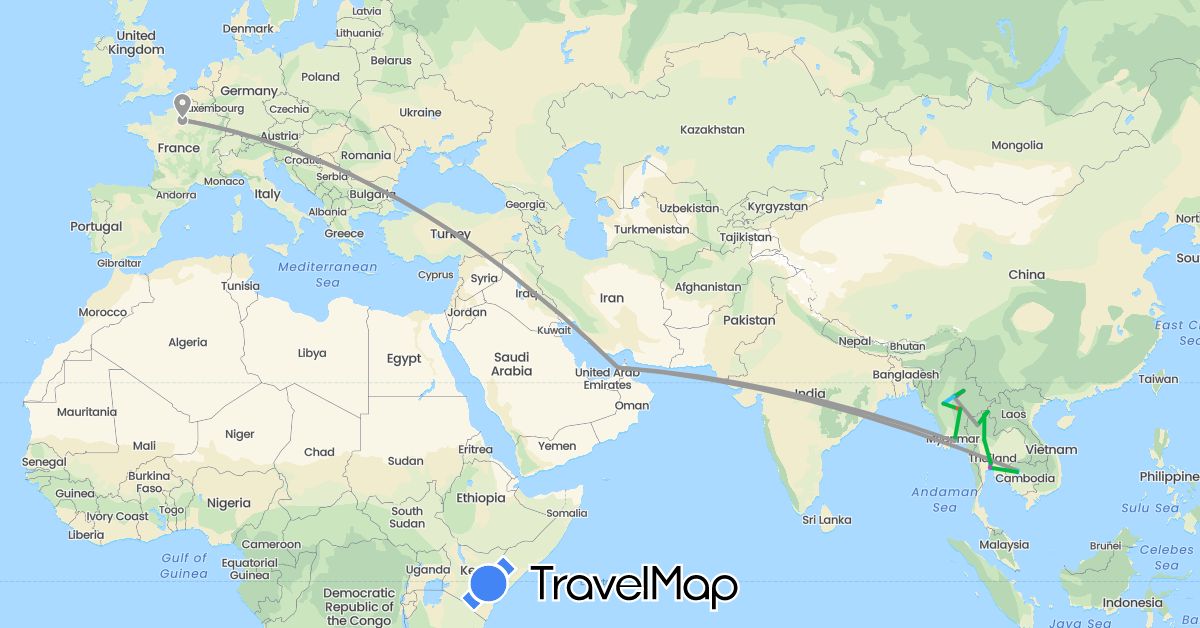 TravelMap itinerary: bus, plane, train, hiking, boat in United Arab Emirates, France, Myanmar (Burma), Thailand (Asia, Europe)