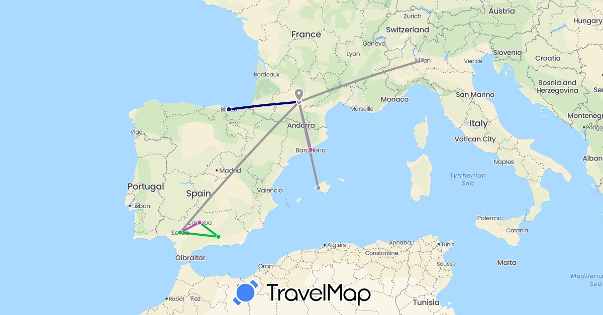 TravelMap itinerary: driving, bus, plane, train in Spain, France, Italy (Europe)