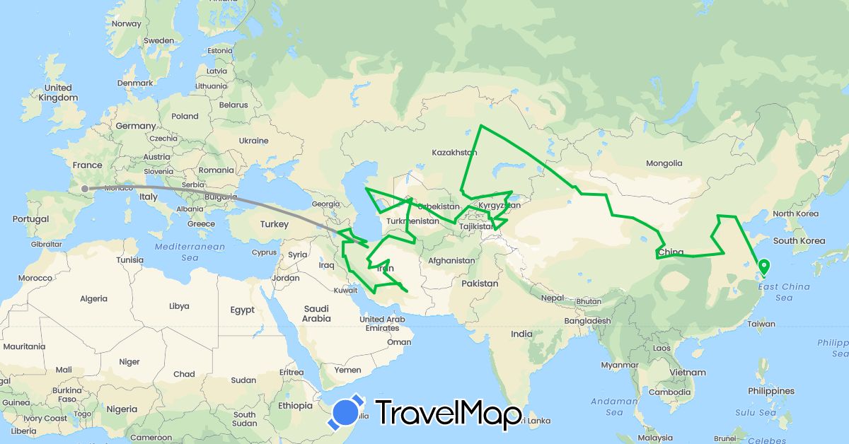 TravelMap itinerary: bus, plane in China, France, Iran, Kyrgyzstan, Kazakhstan, Tajikistan, Turkmenistan, Uzbekistan (Asia, Europe)